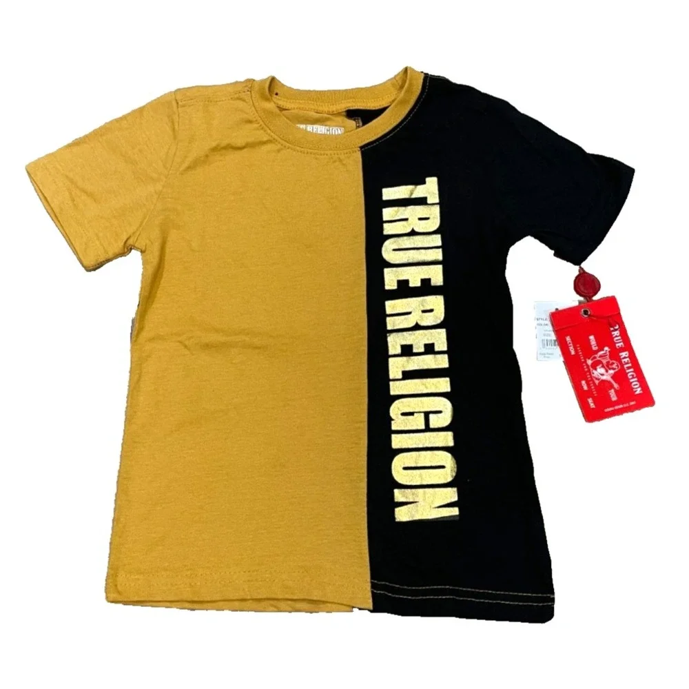 NWT True Religion Boys Size 6 Black Gold Colorblock Metallic Logo T-Shirt